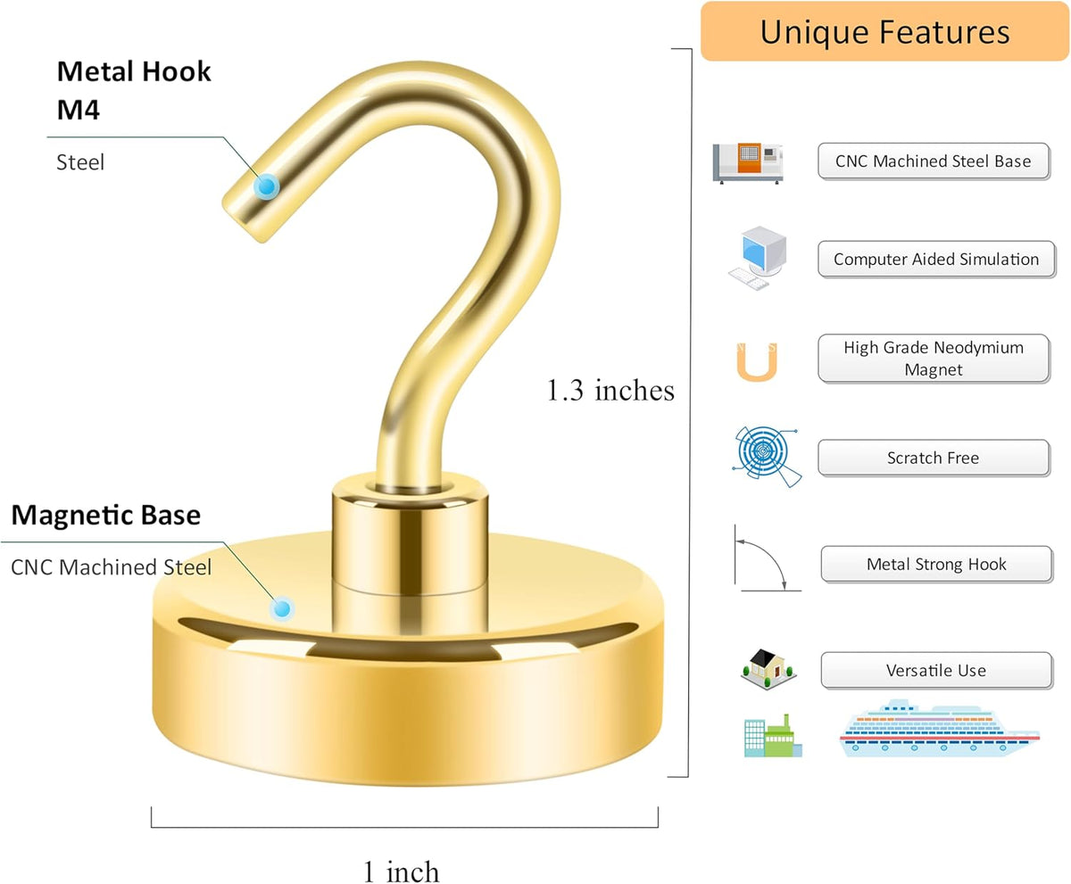 Neosmuk Magnetic Hooks Heavy Duty,Strong Magnet with Hook for Fridge, Super Neodymium Extra Strength Industrial Hooks for Hanging, Magnetic Hanger for Toolbox, Cruise, Grill(Golden,10 Pack)