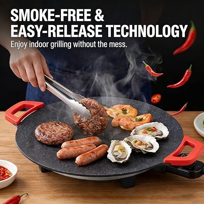 Non-Stick Electric Indoor Grill Pan, Smokeless Electric Griddle with Temperature Control, Round Baking Pan for BBQ, Steaks, Pancakes & Comal Electrico para Tortillas (40cm/15.7in)