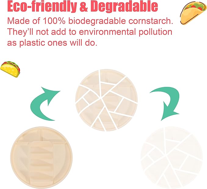 LUVCOSY 10'' Large Disposable Taco Plates, 3-Taco & 4-Sides, Biodegradable Cornstarch Taco Holder, Big Size Fit Soft & Hard Tortilla, Sturdy & Microwave Safe, Bar Serving Set For A Party- 40 Pack
