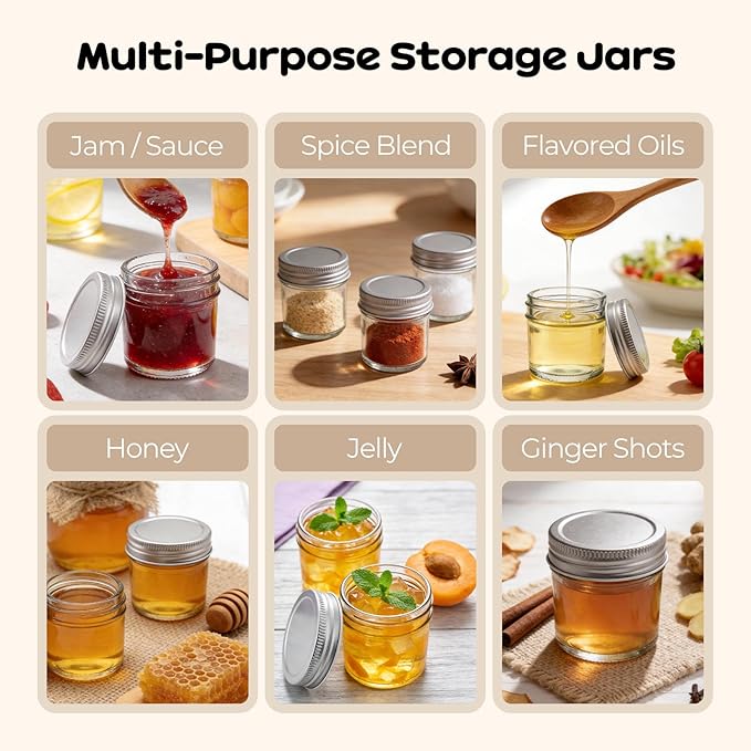6 Pack Mini Mason Jars 2 oz Glass Jars with Lids, Small Glass Jars for Jam Ginger Shots Honey Spices Wedding Favors, Includes Labels, String & Handmade Tags