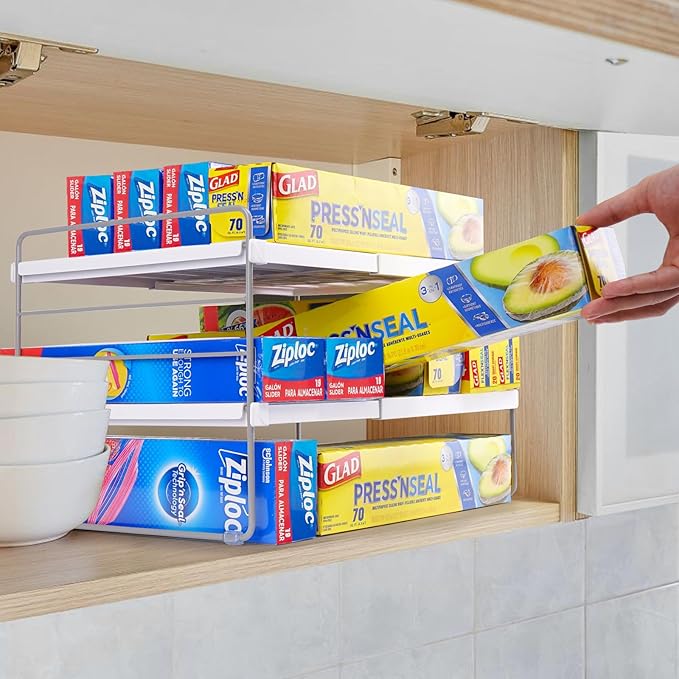 Cirhy Pantry Organizers and Storage,3 Tiers Expandable Foil and Plastic Wrap Organizer, Adjustable Kitchen Cabinet Shelf Organizer, Shelves Storage Rack for Cabinet Countertop (9.8" To 15.6" L) 2PCS