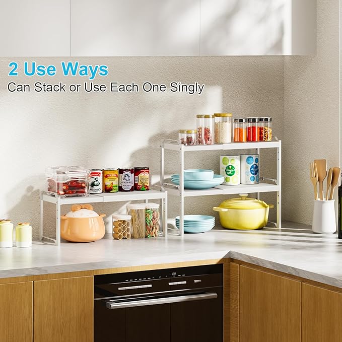 X-cosrack 2 Pack Expandable Kitchen Cabinet Shelf Organizer, Stackable Adjustable Storage Shelves for Pantry Cupboard Kitchen Counter, 20LBS Loading Capacity, Size: W*D*H=20.5 * 8.26" * 8.72"