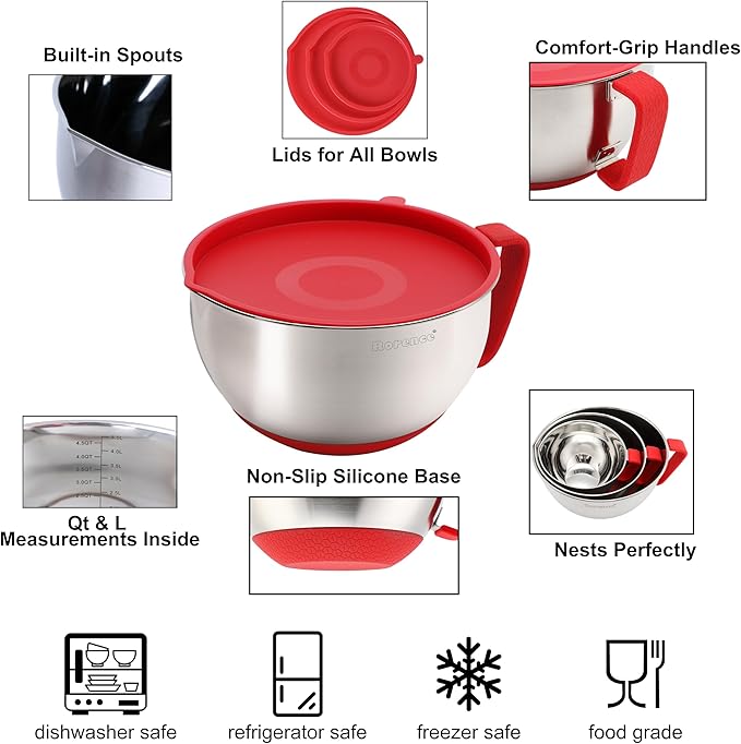 Rorence Mixing Bowls with Lids Set: Stainless Steel Mixing Bowls with Handles, Non-Slip Bottom & Pour Spout - Red, 3 quarts