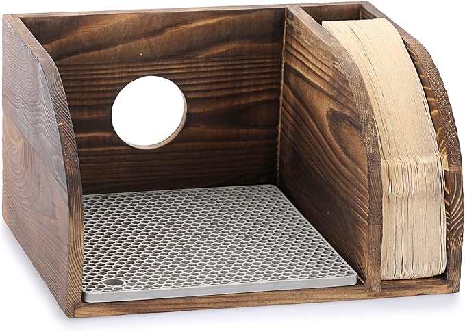 ELLDOO Vintage Wood Coffee Organizer Stand, Compatible with Chemex Coffee Makers, Holds Coffee Maker and Coffee Paper Filters, Fits Collar and Handle Carafes, with Grey Silicone Dripper Mat