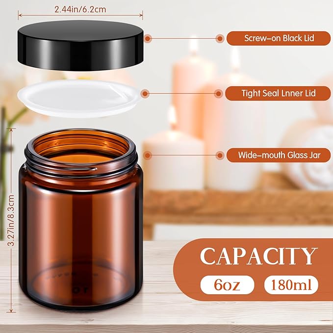 Domensi 48 Pcs Bulk 6oz Glass Jars with Lids Leakproof Round Airtight Empty Cosmetic Jars with Inner Liners Lid for Storing Lotions Spices Ointments Food Storage (Amber)