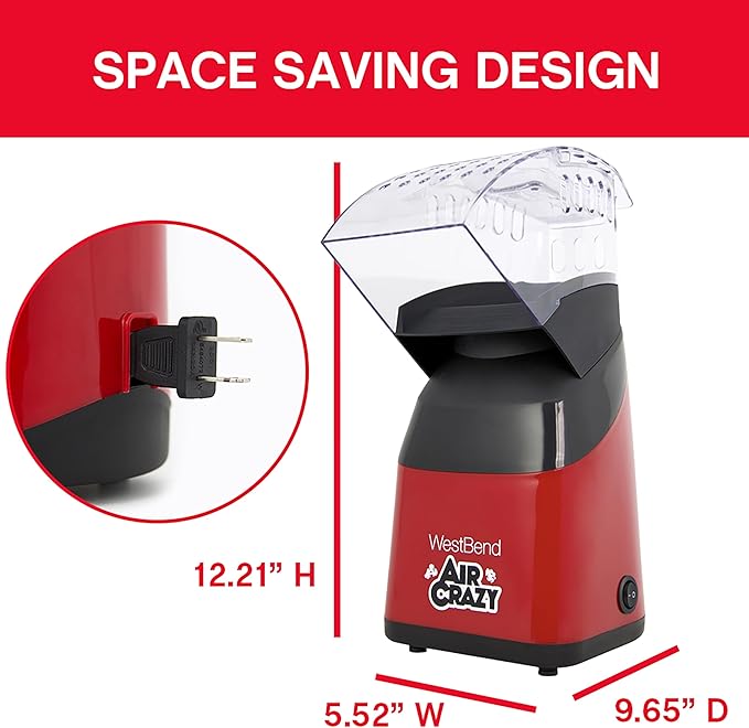 West Bend Air Crazy Hot Air Popcorn Popper Machine for Healthy Snacking with No Oil, Includes Dual-Purpose Measuring Cup & Butter Melter, 4-Quart, Red