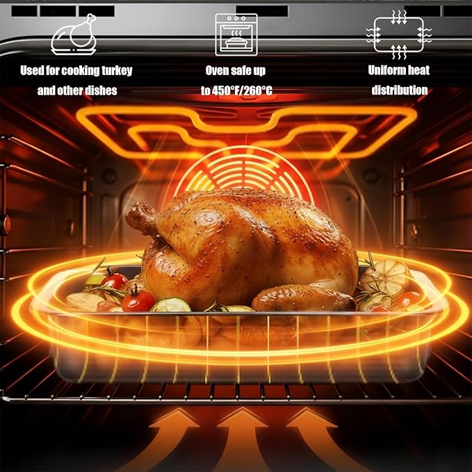 Stainless Steel Roasting Pan with Rack & Handles,15.5" x 11.6"- Food Grade No Coating Dishwasher Safe - Roaster for Turkey Chicken Meat Vegetables for Thanksgiving Christmas and Family Gatherings