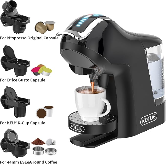 KOTLIE Single Cup Coffee Maker, Multi Capsule Machine Compatible With Various Capsule Types, 4 Temperature Settings, 7 Water Volume Levels,19 Bar(Glossy Black)