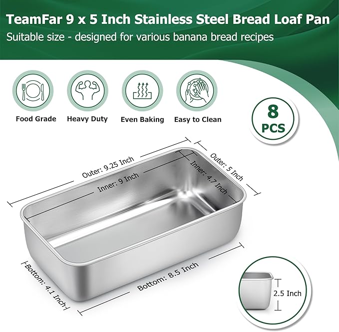 TeamFar Loaf Pans for Baking, 9 × 5 Inch Stainless Steel Loaf Bread Pans Tins for Homemade Bread/Brownies, Healthy & Sturdy, Oven & Dishwasher Safe - Set of 8