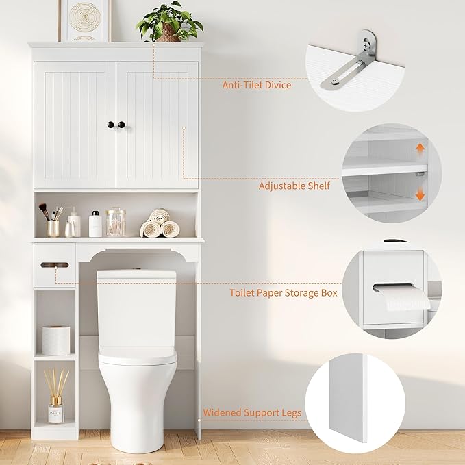 IDEALHOUSE 23.6 Inches Wide Toilet Rack with Over The Toilet Storage Cabinet, Bathroom Shelf Organizer with Anti-Tip Device, Small Freestanding Space Saver with Adjustable Shelf (White 30" W)