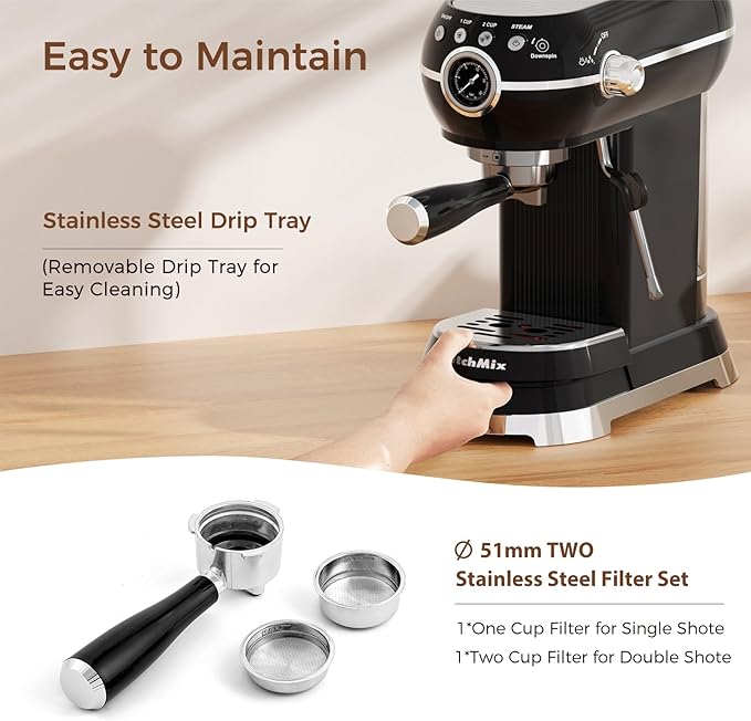 KITCHMIX Espresso Machine with Milk Frother ，20 Bar Stainless Steel Espresso Maker with Milk Frother Steam Wand, Espresso Coffee Machine with Removable Water Tank (Black)