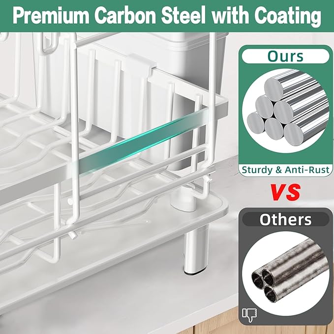 Dish Drying Rack, 2 Tier Dish Racks for Kitchen Counter, Compact Dish Drainer Rack, Detachable Dish Rack with Drainboard, Utensil Holder, Cup Holder for Small Space - White
