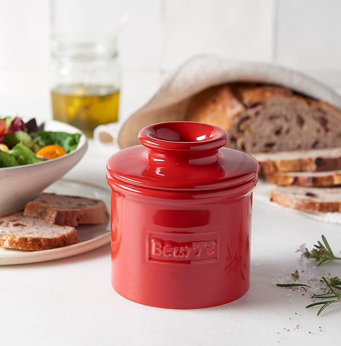 Butter Bell - The Original Butter Bell crock by L Tremain, a Countertop French Ceramic Butter Dish Keeper for Spreadable Butter, Café Retro Collection, Maraschino Red, Glossy Finish