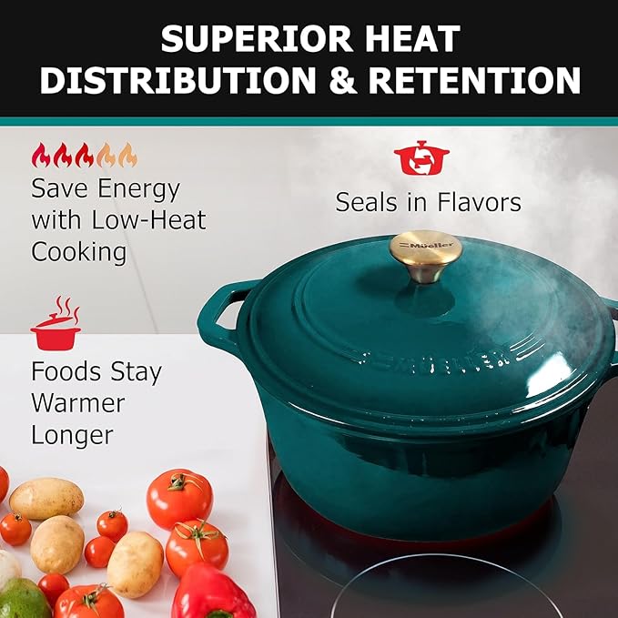 MUELLER HOME 7.5 QT Enameled Cast Iron Dutch Oven, Heavy-Duty Casserole Dish and Braiser Pan with Lid and Stainless Knob, Oven-Safe up to 500° F & Across All Cooktops, Emerald