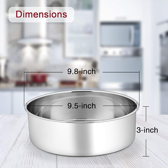 P&P CHEF 9.5 Inch Cake Pans Set, Round Baking Pan Stainless Steel Layer Birthday Wedding Cake Oven Pans, Non Toxic & Heavy Duty, Deep Side & Mirror Finish, Dishwasher Safe, (2Pcs)