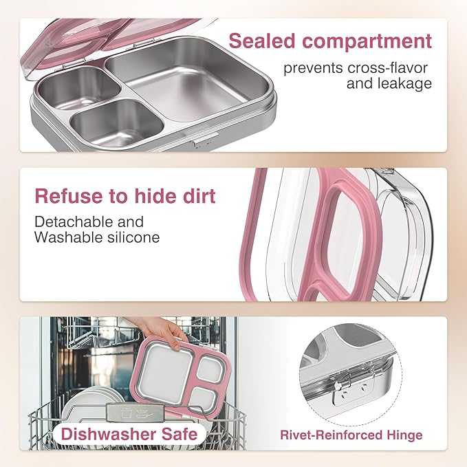 HOMEKOL Stainless Steel Bento Lunch Box, 3-Compartment Leak-Proof Lunch Container for Kids & Adults, BPA/BPS-Free 304 Metal Food Box, Dishwasher Safe, Clear Tritan Lid, Pink (Not Insulated)