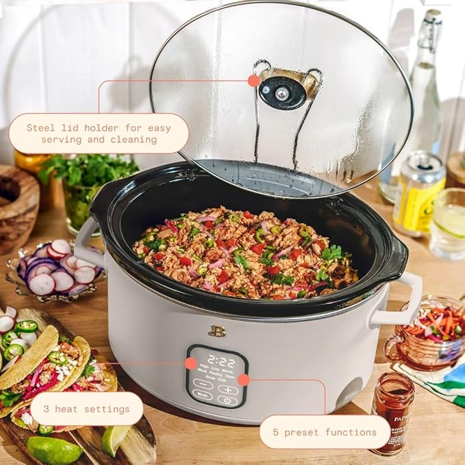 Beautiful 6 Qt Programmable Slow Cooker by Drew Barrymore -5 Preset Cooking Functions, Digital Countdown Timer, Dishwasher-Safe Parts and Cool-Touch Handles (Porcini)