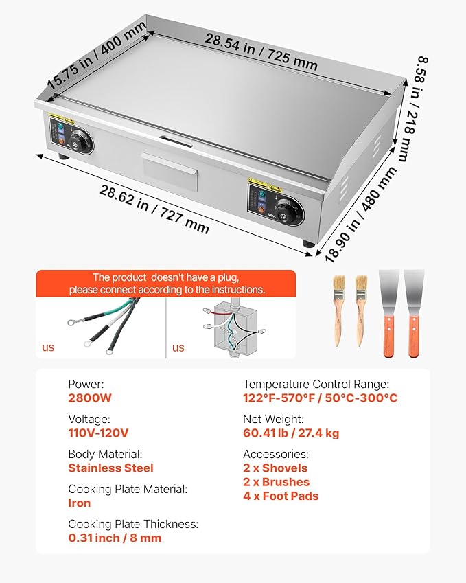 VEVOR Commercial Electric Griddle, 28.54 x 15.75 in, 2800W, 122-570°F Adjustable Temp Control, Stainless Steel Countertop Flat Top Grill with 2 Spatulas, 2 Brushes, and 4 Foot Pads, for Steak