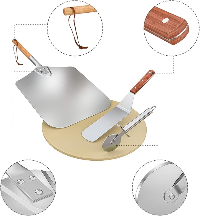 Onlyfire 4-Piece Pizza Stone Set – 15" Round Cordierite Baking Stone for Oven & Grill, 14"x16" Pizza Peel, Stainless Steel Spatula & Cutter – Complete Pizza Making Kit for Crispy Crust, Bread, BBQ
