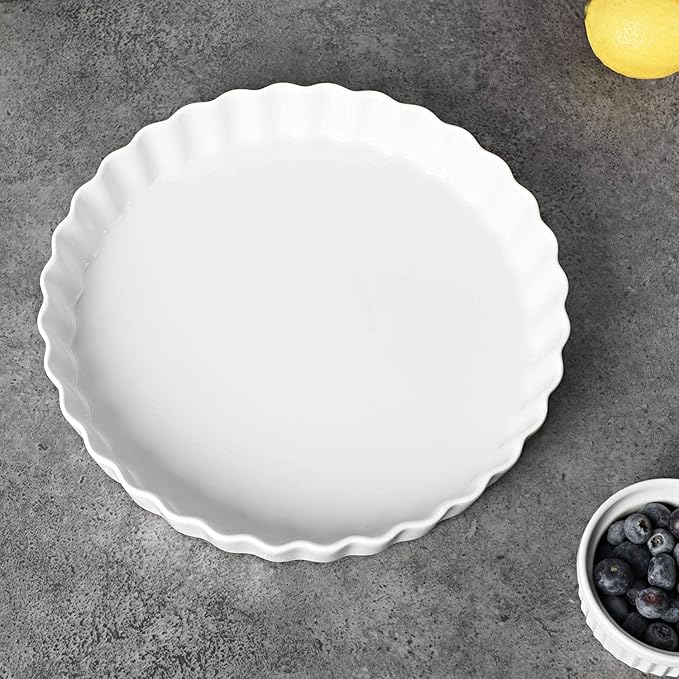 ONTUBE Pie Pans 11 Inches Ceramic Quiche Pans, Round Pie Tins for Baking,Oven Saf (White, 11" x 2 Pieces)