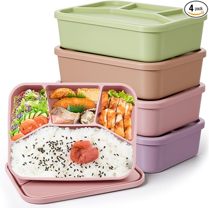 Ziliny 4 Pcs Silicone Bento Box Reusable Lunch Container Smooth Leak Proof Lunch Box Rectangle Bento Boxes for Adult Work Travel Food Meal Compartment Storage, 4 Colors(Pastel Color)