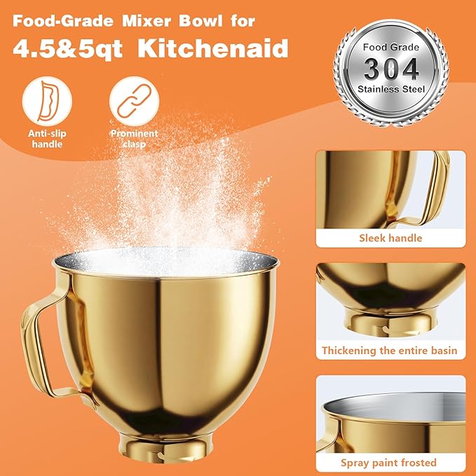 5 QT Food-Grade Stainless Steel Mixer Bowl Compatible With KITCHENAID TILT-HEAD STAND MIXERS 4.5-5 Quart, with Anti-slip handle & Prominent Clasp, Stainless Steel Polished, Gold