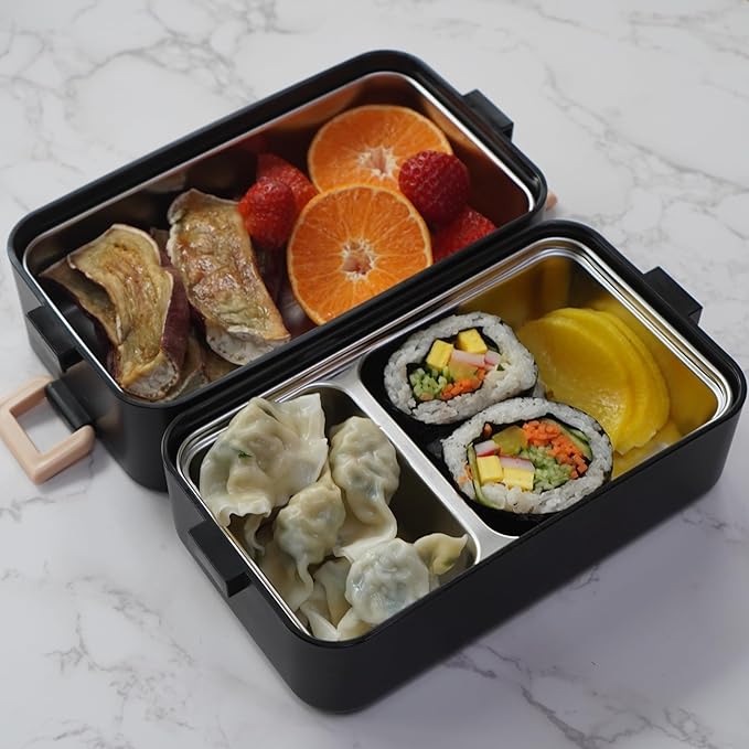 gimmiebox premium stainless steel bento box lunch box with compartments for adults, spoon and fork, leak-proof, easy side locks (Black)