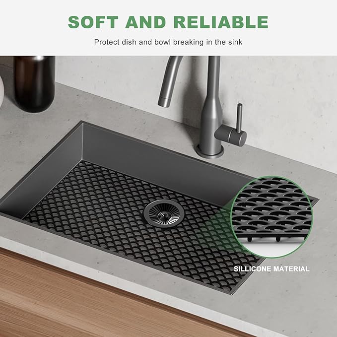 Sink Protectors for Kitchen Sink - Large 28.4"x 15" with Rear Drain Hole Heat Resistant Easy Clean Non-slip Silicone Kitchens Sinks Mat for Bottom of Kitchen Sinks Stainless Steel(Black)-72x38CM