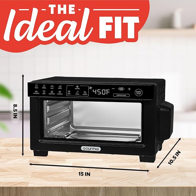 Gourmia Toaster Oven Digital Air Fryer - Convection Mode with 4 Slice Capacity, 3 Rack Positions, 12 Presets, Toast, Bagel, Bake, Roast, Broil, Dehydrate, Popcorn, Fits 9" Pizza, Black
