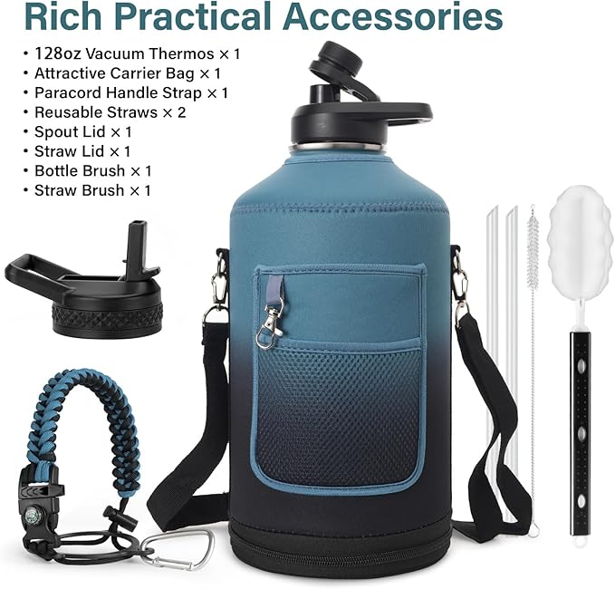 DYSANKY 1 Gallon Insulated Water Bottle | Upgraded Thickened Stainless Steel Metal Portable Sports Large Water Jug for Gym and Hiking with Carrier Bag, Handle Strap | BPA-Free 128 oz