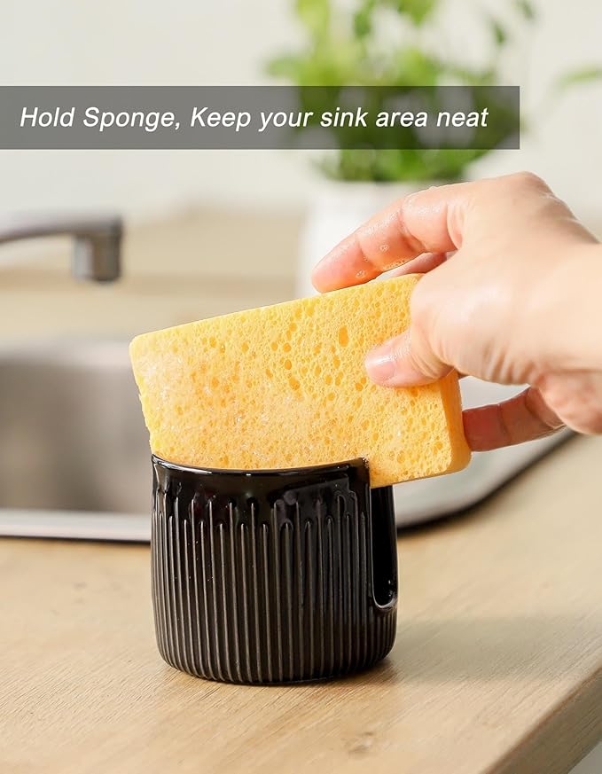 Ceramic Sponge Holder for Kitchen Sink, Scrub Sponge Dish Rack, Farmhouse Compact Sink Caddy Organizer, Black