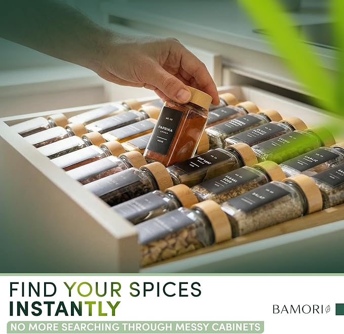 Bamboo Spice Drawer Organizer – Expandable 4 Tiered Spice Rack Insert for Kitchen Drawer – Premium Bamboo Seasoning Organizer for Drawer Storage (Need 3" Deep Drawer)