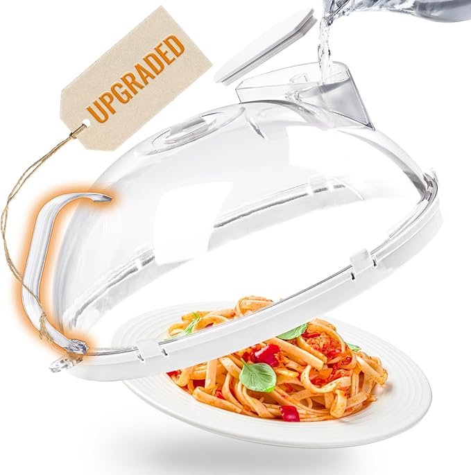 Gracenal Microwave Food Cover, 10 Inch Microwave Splatter Cover with Water Steamer and Integrated Handle, Clear Splatter Guard Microwave Cover for Food, White Cookware Lid Gifts for Mom