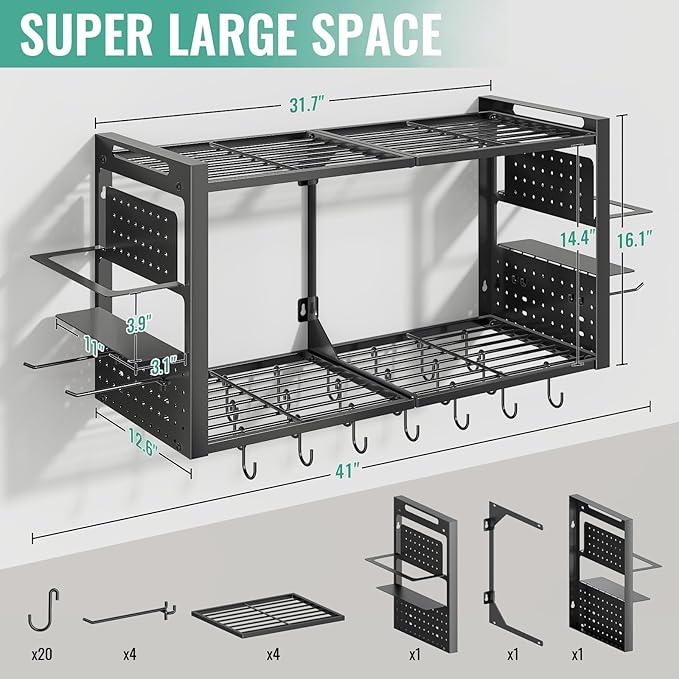 31 Inch Pot Rack Wall Mounted, 2-Tier Pots and Pans Organizer with 20 Hooks & Pan Organizer and Spice Rack, Heavy Duty Hanging Pot Hanger for Kitchen Cookware, Utensils, Black