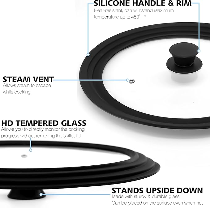 Anaeat Silicone Universal Lid for Pots, Pans and Skillets - Tempered Glass Covered with Heat Resistant Silicone Rim Fits 9.5", 10" and 11" Diameter Cookware -Easy to Use Replacement Frying Pan Cover
