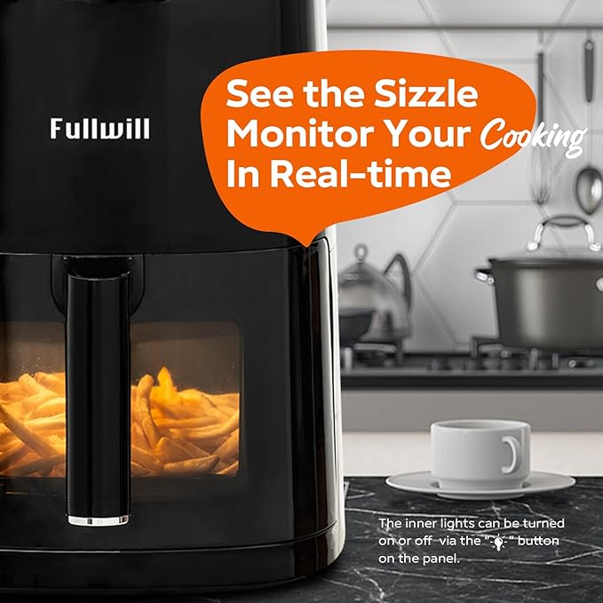 Fullwill 6QT Air Fryer with Visible Window,Nonstick and Dishwasher-Safe Basket,12-in-1 Multi-Function Air Fry,Roast,Bake, Dehydrate, Fries,for Family Party,1700W,Black