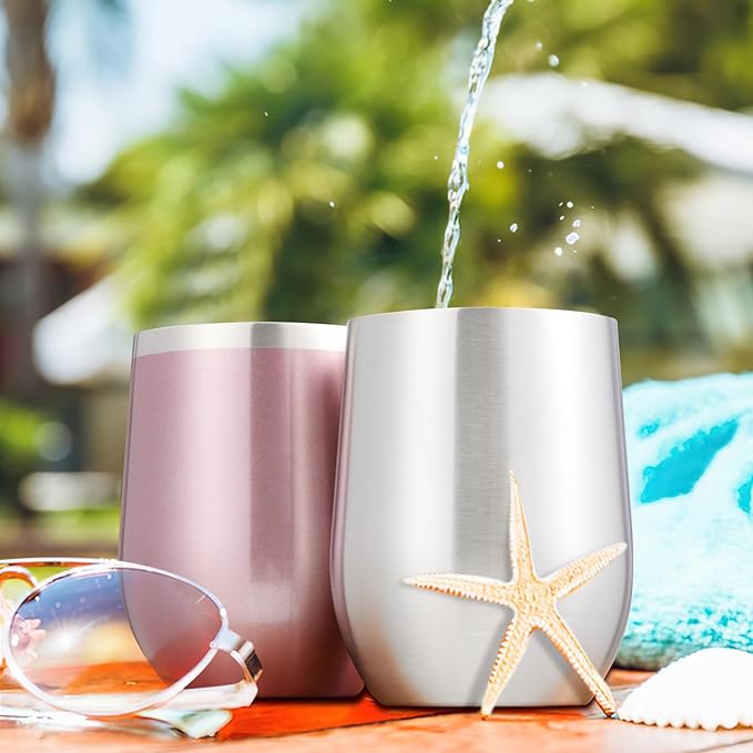 COMOOO 16 Pack 12oz Insulated Wine tumbler with Lid, Stainless Steel Stemless Wine Tumbler,Double Wall Vacuum Wine Tumbler Cups with Straw for Coffee, Cocktails,Beer,Champaign, Silver
