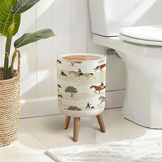 Trash Can with Lid Tradition hunting horse english style landscape seamless pattern Press Cover Round Small Garbage Bin with Wooden Legs Waste Basket for Kitchen Bedroom Nursery 7L/1.8 Gallon