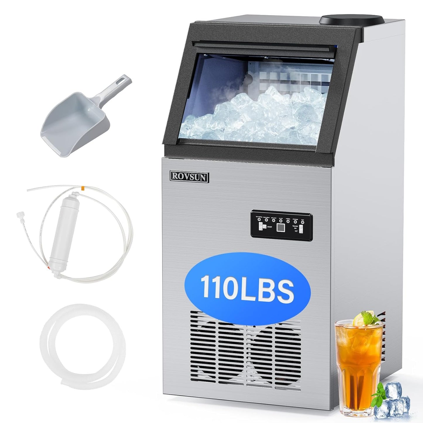 ROVSUN Stainless Steel Commercial Ice Maker Machine, Make 110lbs/24h, 24lbs Storage,Under Counter/Freestanding Automatic Ice Machine for Home Restaurant Bar Cafe