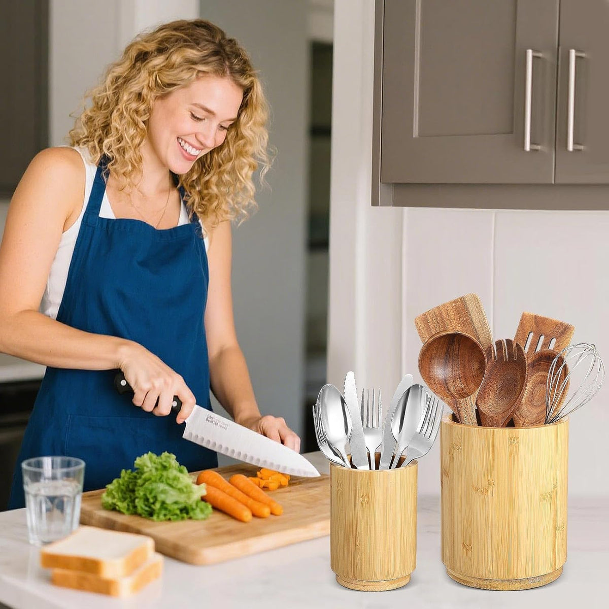 2 Pack Wooden Utensil Holder, 360°Rotating Kitchen Cooking Utensil Crock, Spoon Spatula Holder for Kitchen Counter, Farmhouse Countertop Organizer(Bamboo,Round)