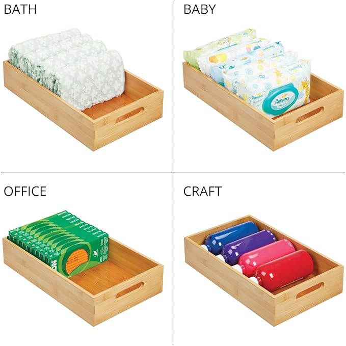 mDesign Wide Bamboo Office Desk Drawer Organizer Tray Bin with Handles - Organizer for School Supplies, Pens, Pencils, Notepads, Staplers, Envelopes - Echo Collection, 2 Pack, Natural Wood Finish