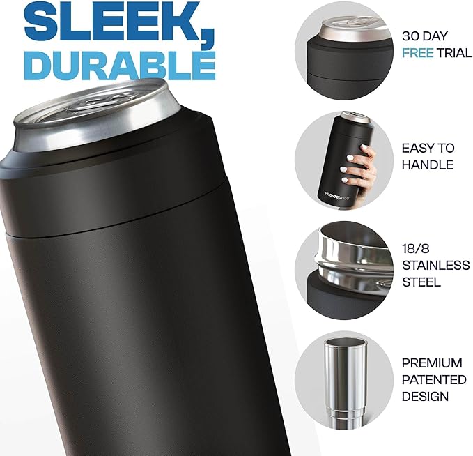 Frost Buddy Universal Can Cooler - Fits All - For Regular 12 & 16 oz or Slim-Size Bottles - Insulated Double-Walled Stainless Steel (MatteBlack)