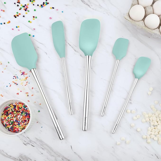 Tovolo Stainless Steel Handled Silicone Spatula Set of 5, Dishwasher Safe Kitchen Spatula Set for Cooking Baking, BPA Free Silicone Spatula set with Metal Steel Handle, Aqua Seafoam Green