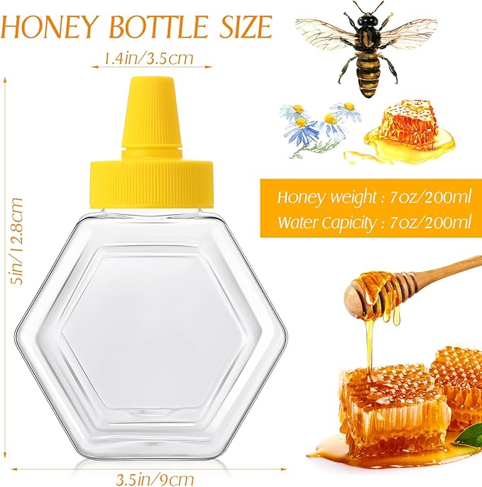Ziliny 64 Pcs 7 oz Honey Squeeze Bottle Plastic Empty Beehive Bottle Jar with Spout Lid Clear Refillable Honey Containers for Condiment Storing and Dispensing Dispenser (Hexagon)