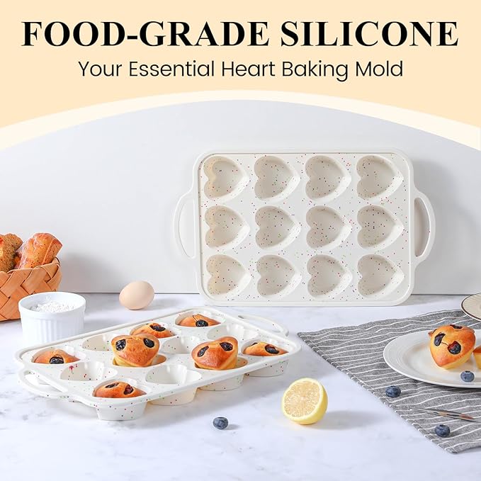 FUNBAKY 2 Pcs Heart Shaped Silicone Muffin Pan，Metal Reinforced Frame, 12-Cavity Nonstick Silicone Heart Mold for Muffins, Cupcakes, Bread,Chocolate Muffin and Tartlets