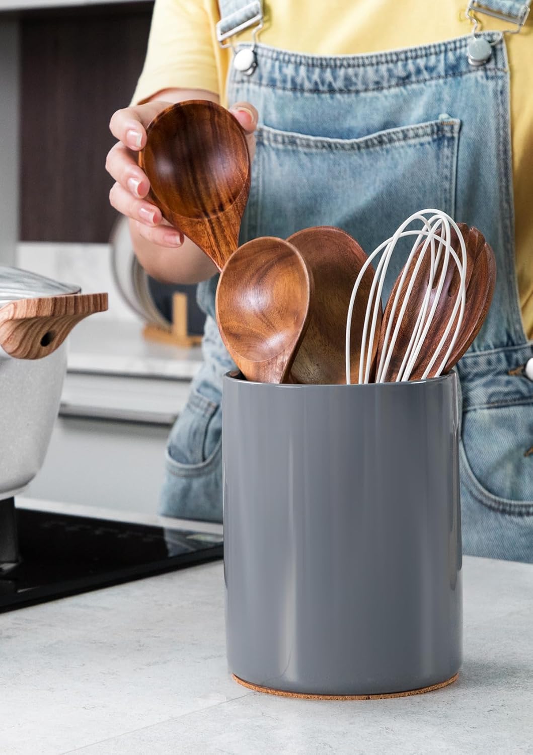 Nucookery Utensil Holder, 6.4" Ceramic Kitchen Utensil Holder for Countertop with Protection Cork Bottom, Vintage Farmhouse Kitchen Decor for Counter (Gray)