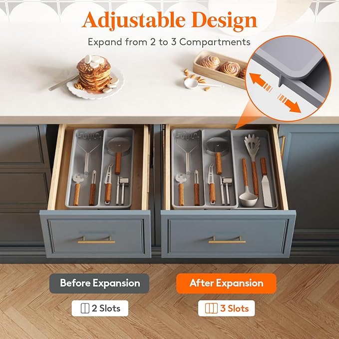 Lifewit Utensil Organizer for Kitchen Drawer, Expandable Cooking Silverware Tray, Adjustable Cutlery Flatware Holder, Plastic Spatula Tools Storage Divider, 14.4 x 15.8", Gray