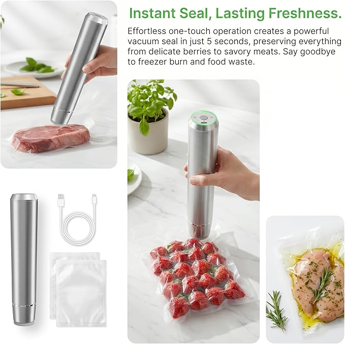 Handheld Vacuum Sealer, 304 Stainless Steel Food Saver Vacuum Sealer Machine with 10 Reusable Bags & Adapter, Cordless Rechargeable Compact Vacuum Sealer for Food, Keep Fresh & Reduce Waste