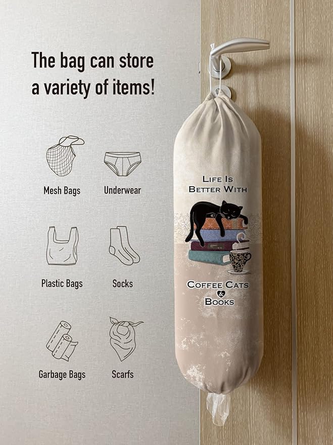 Hglian Cat Plastic Bag Holder,Cute Grocery Bag Holder Dispenser Organizer Storage,Cute Kitchen Decor Gifts for Women Coffee Cat Lover