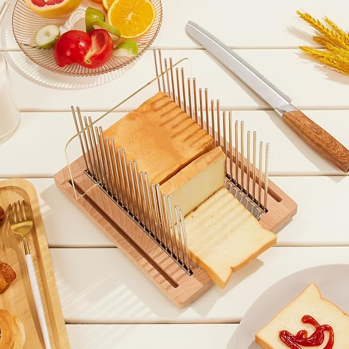 Bread Slicer, Stainless Steel Bread Slicer for Homemade Bread,Adjustable Bread Slicing Guide with Beechwood Bread Cutting Board for Loaf,Bagels & Baguette, Durable and Stable Wooden Structure